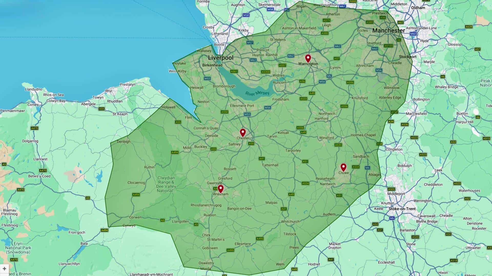 Map showing service areas for Japanese knotweed surveys including Chester, Wrexham, Crewe and Warrington